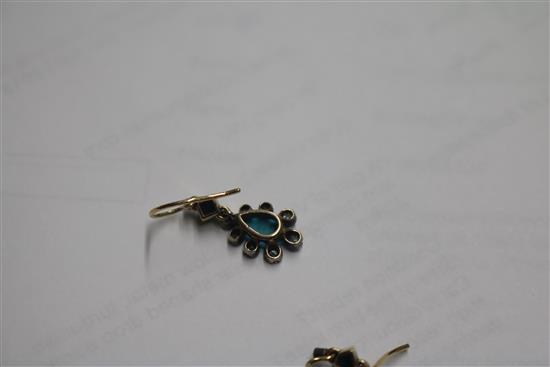 A pair of Victorian yellow metal, turquoise and diamond set pear shaped drop earrings, 20mm.